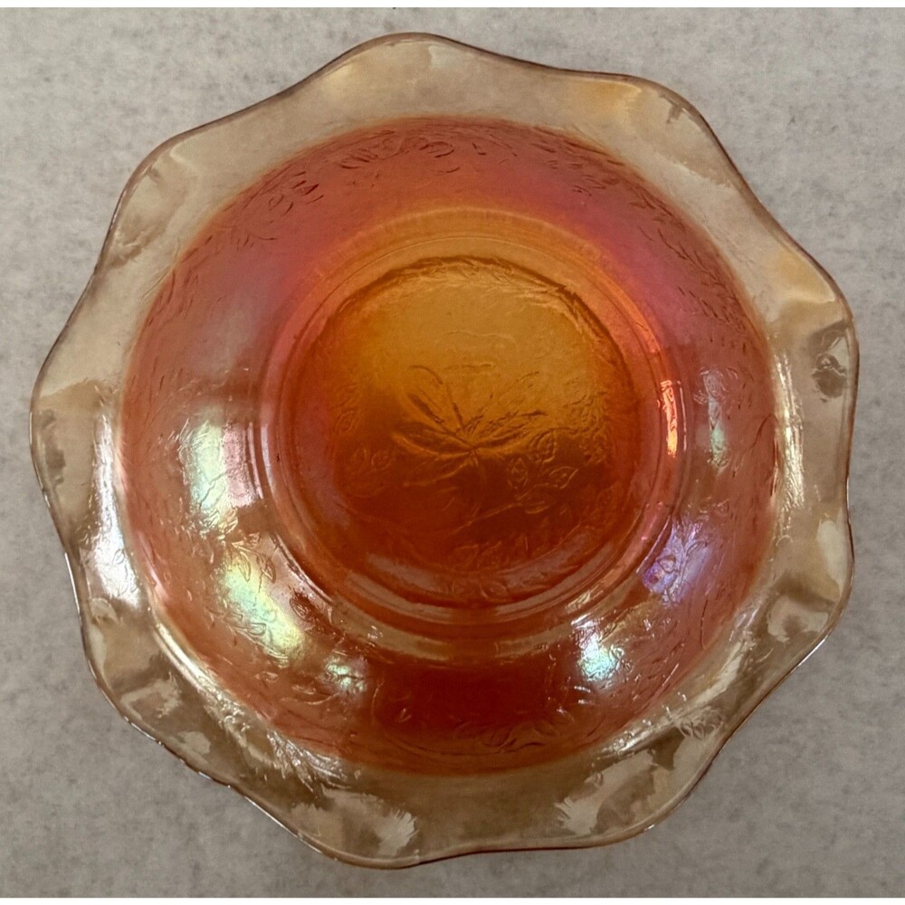 Jeannette Floragold Iridescent Ruffled Bowl, Marigold Carnival Glass